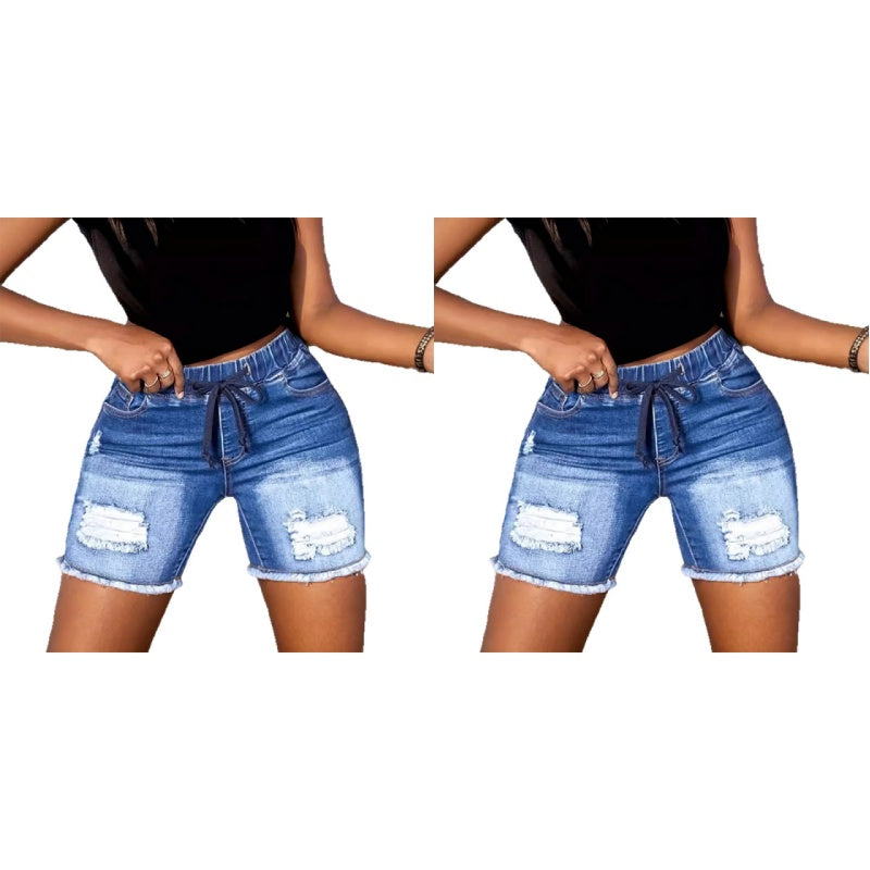 Women's Drawstring Elastic Waist Ripped Denim Shorts