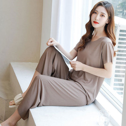 💖Limited Sale 50% OFF💖Soft Comfortable Ice Silk Short Sleeve T-Shirt Two Piece Set Loose Wide-leg Pants