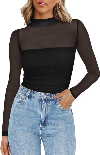 💃Last Day Sales -50% OFF🎉Women's Sparkle Mesh Sheer Long Sleeve Ruched Top