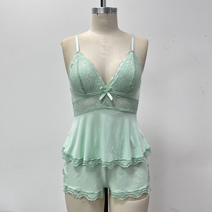 🎉Hot Sale💕Lace Trimmed V-Neck Camisole & Shorts Sleepwear Set