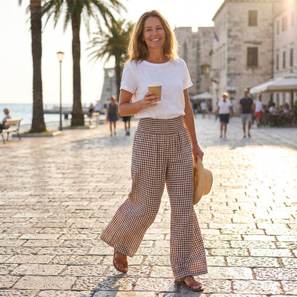 ⏳LAST DAY SALE 50% OFF!🎁Striped Gingham Wide Leg Pants High Waisted With Pockets