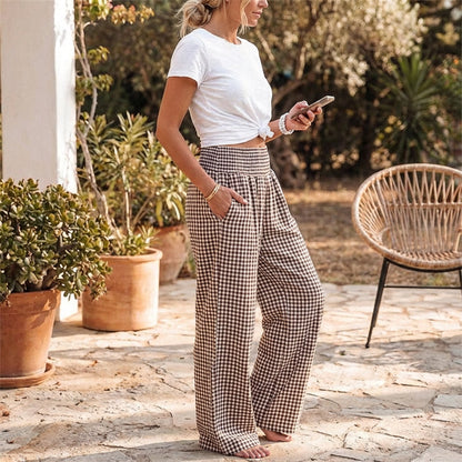 ⏳LAST DAY SALE 50% OFF!🎁Striped Gingham Wide Leg Pants High Waisted With Pockets