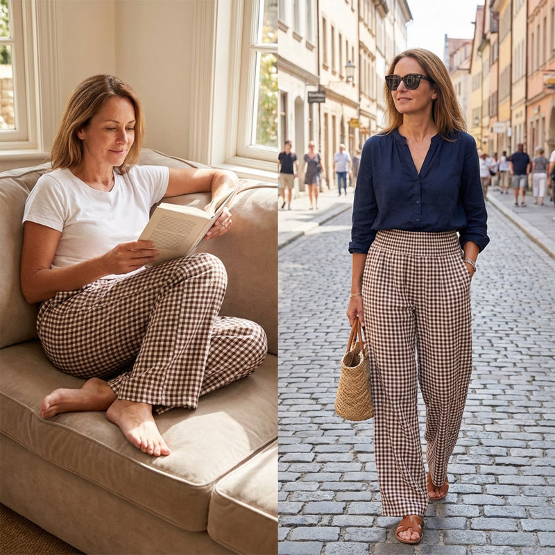 ⏳LAST DAY SALE 50% OFF!🎁Striped Gingham Wide Leg Pants High Waisted With Pockets