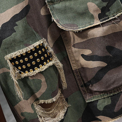 💎 Men's Studded Camo Cargo Shorts – Ripped Design, Gold Stud Accents & Multi-Pocket Utility