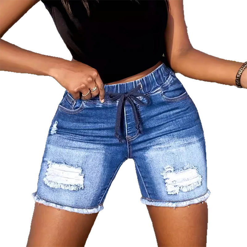 Women's Drawstring Elastic Waist Ripped Denim Shorts