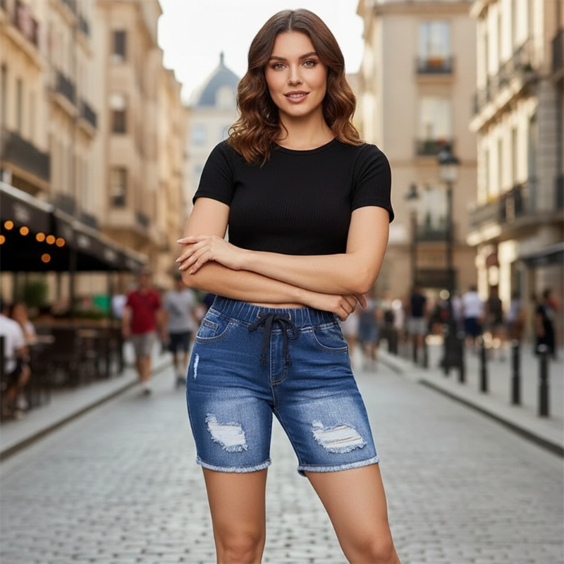 Women's Drawstring Elastic Waist Ripped Denim Shorts