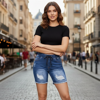 Women's Drawstring Elastic Waist Ripped Denim Shorts
