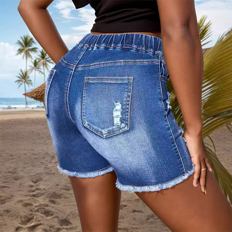 Women's Drawstring Elastic Waist Ripped Denim Shorts