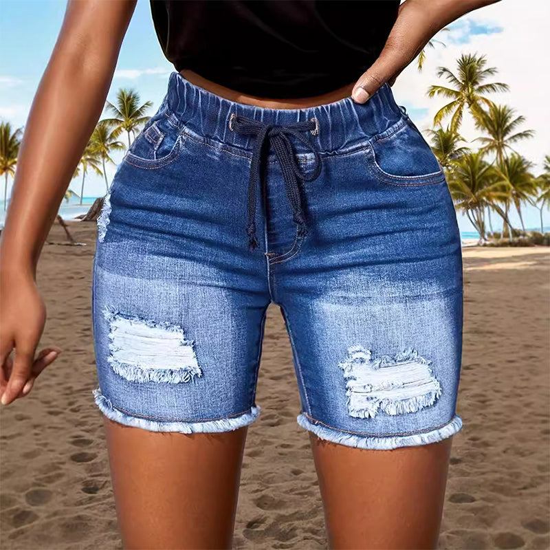 Women's Drawstring Elastic Waist Ripped Denim Shorts